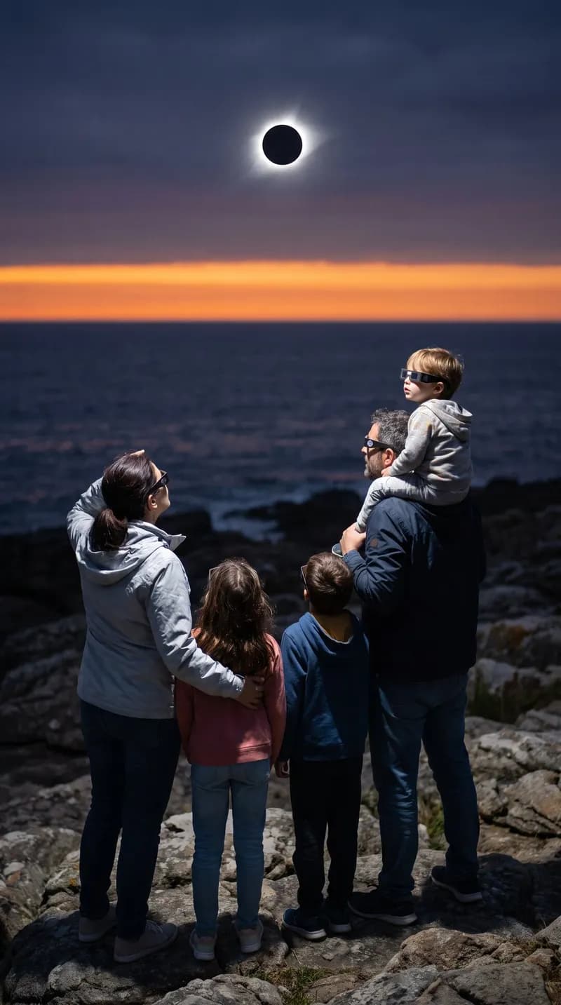 Una familia con gafas de eclipse mira el eclipse total sobre el mar al atardecer
